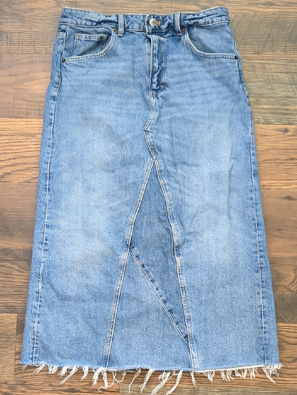 MNG Long Distressed Maxi Pencil Denim Jean Skirt With Back Split, Size Medium